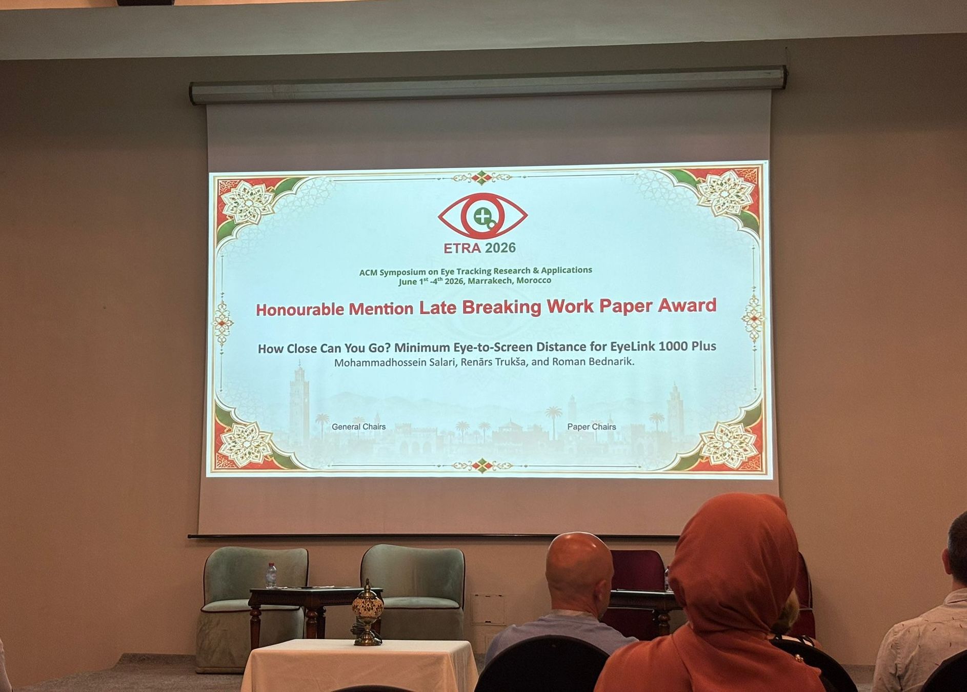 ETRA 2026 Honourable Mention Late Breaking Work Paper Award slide for How Close Can You Go? Minimum Eye-to-Screen Distance for EyeLink 1000 Plus
